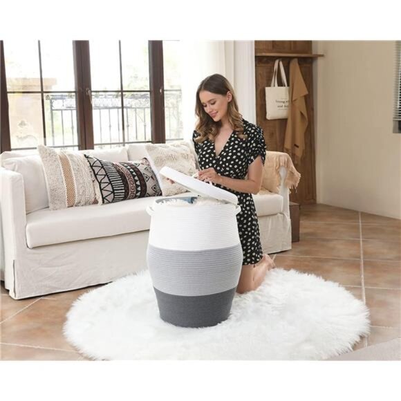 26" x 20" Tall Extra Large Storage Basket with Lid, Cotton Rope Storage - Picture 6 of 7